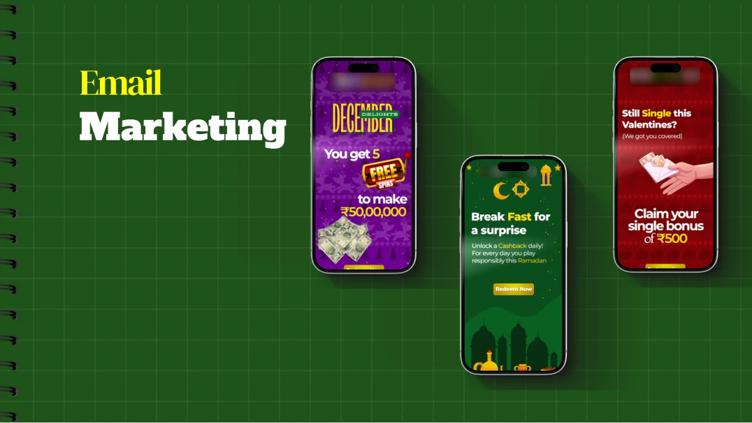 Three promotional email designs shown on phones