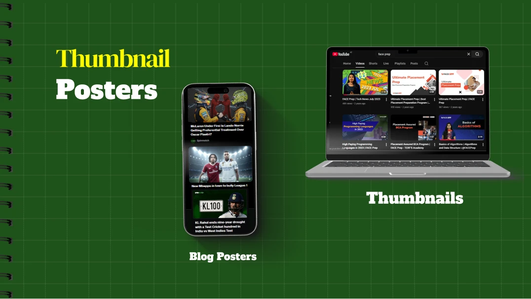 Thumbnail and blog poster designs on phone and laptop